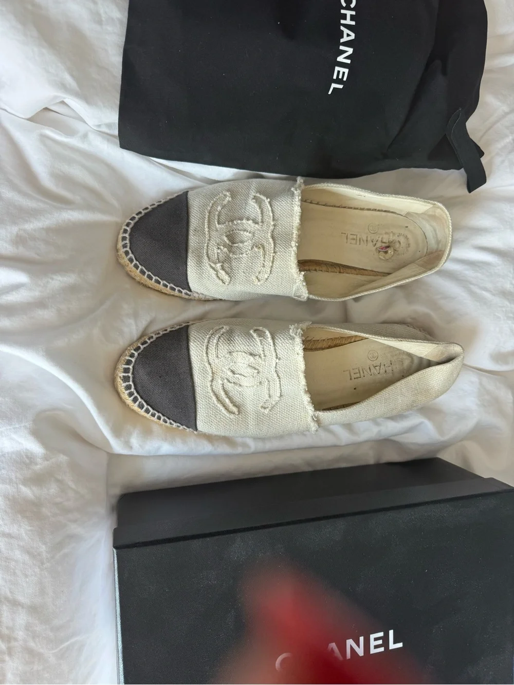CHANEL Cream Canvas Espadrilles with Black Toe Cap